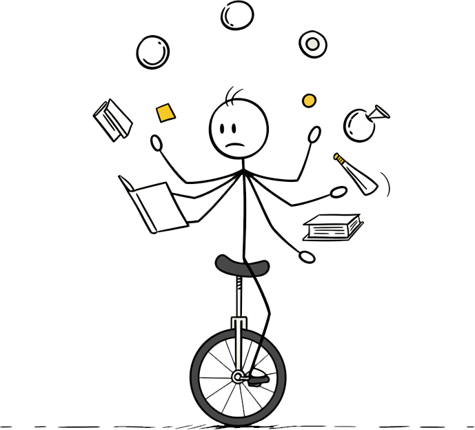 Stick figure illustration showing business chaos